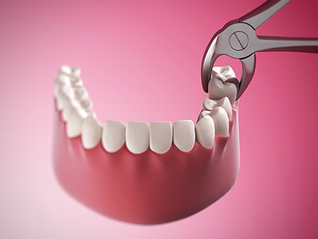 The image shows a close-up of a pair of scissors cutting into an artificial human mouth with teeth, set against a pink background.